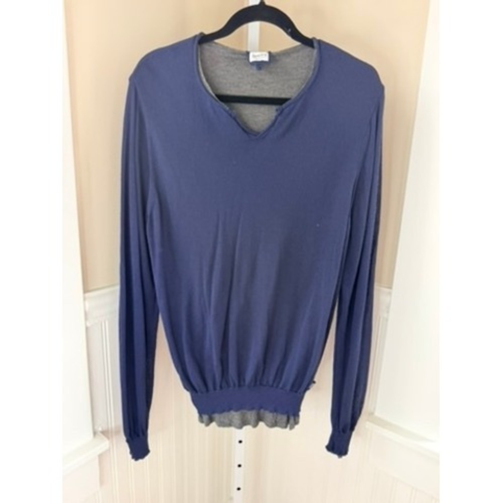 Armani Collezioni Layered Knit Sweater V-Neck Navy Blue Grey IT 54 XL